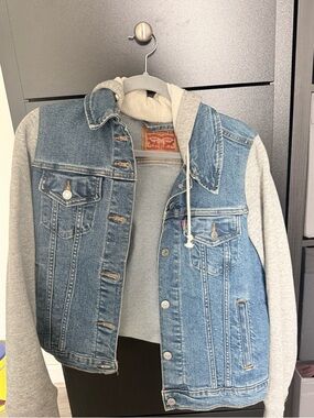 Levi's Blue Denim Jacket with Grey Hoodie Sleeves